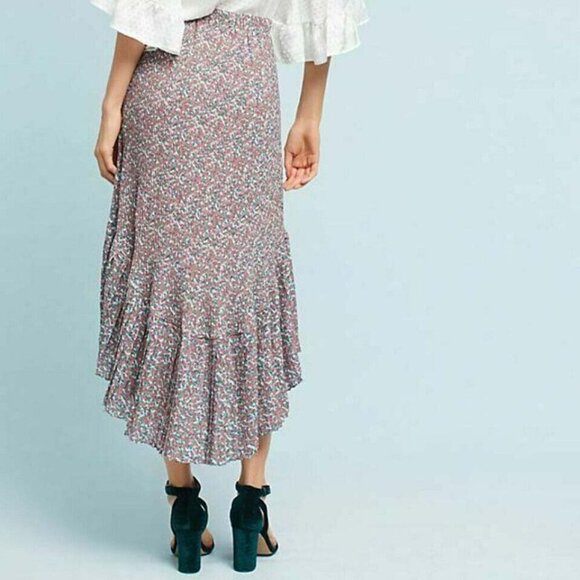 Anthropologie Skirt Womens Medium Petite Pink Midi Floral Chiffon Asymmetric Hem - Picture 5 of 11